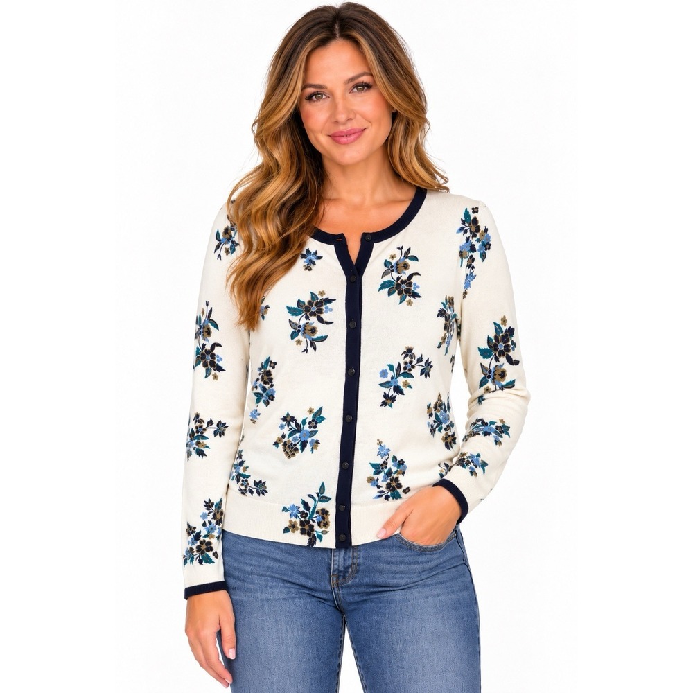 Ann Taylor Women L Ivory Floral Cardigan Sweater Navy Blue Button Front